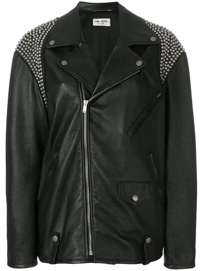 Saint Laurent Zip-front Oversized Moto Leather Jacket With Shoulder Studs In Black