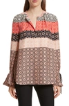 Derek Lam 10 Crosby Tie Sleeve Print Silk Blouse In Carnation
