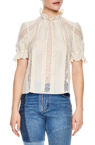 Sandro Lace-embroidered Ruffled Cotton-blend Top In Ecru