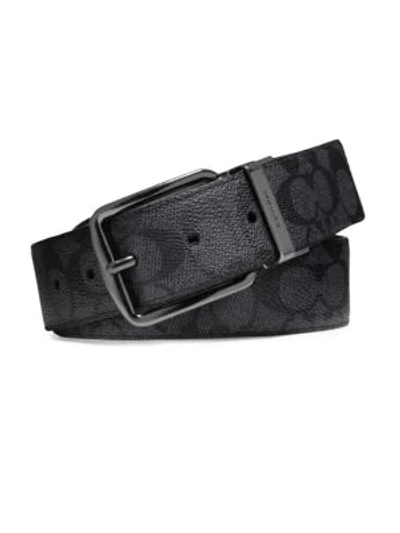 Coach Signature Logo Leather Belt In Charcoal Black