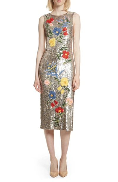 Alice And Olivia Nat Sleeveless Sequined Floral-embroidered Sheath Cocktail Dress In Antique Silver Multi
