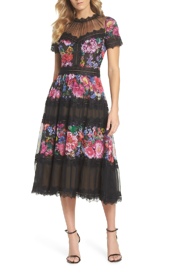 tadashi shoji lace midi dress black