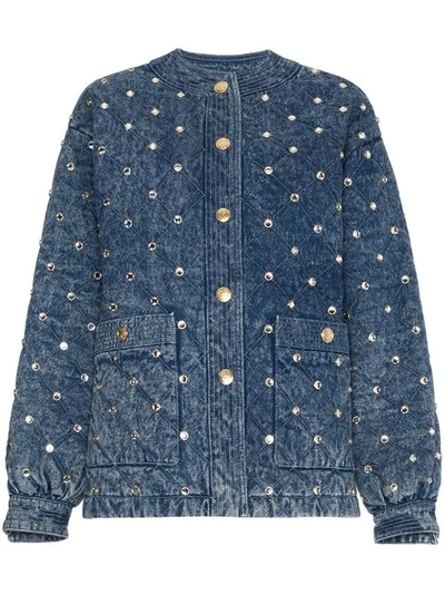 Gucci Quilted Marble Denim Jacket With Crystals In Blue