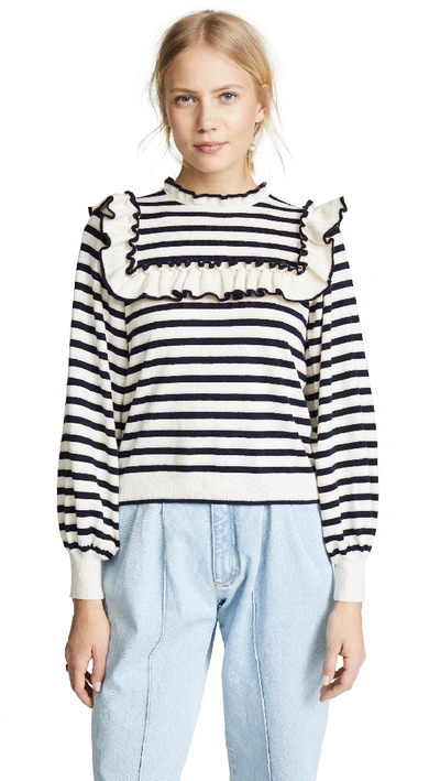 Ulla Johnson Lourdes Ruffled Striped Cotton And Cashmere-blend Sweater In Navy