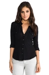 James Perse Slub 3/4 Sleeve Button Front Shirt In Black