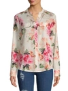 CALVIN KLEIN Long Sleeve Gingham Floral Shirt,0400097586725