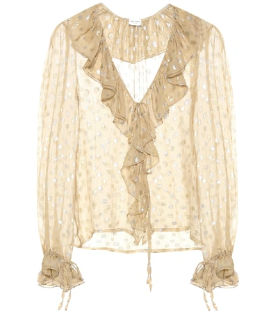 Saint Laurent Polka Dot Silk Georgette Shirt In Beige