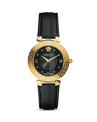 Versace 35mm Daphnis Leather Greca Watch, Black