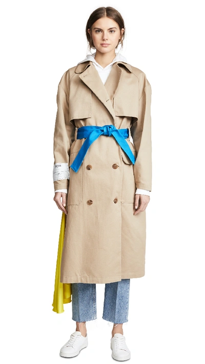 Msgm Belted Trench Coat In Khaki Multi
