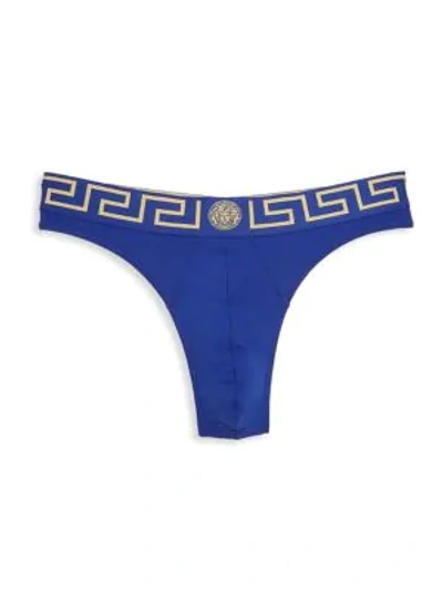 Versace First Line Logo Stretch Cotton Thong In Bluette Gold