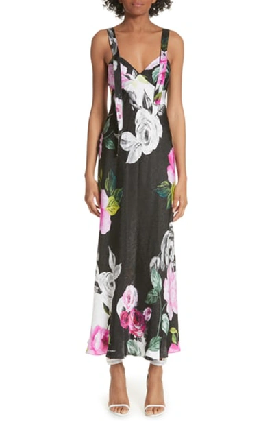 Off-white Strappy Floral Silk Sleep Dress In Black