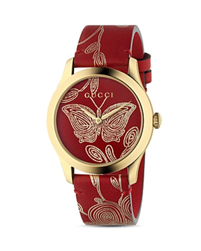 Gucci G-timeless Leather Strap Watch, 36mm In Red/ Gold