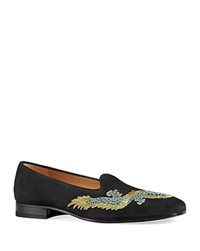 Gucci Men's Suede Dragon Embroidered Loafers In Black