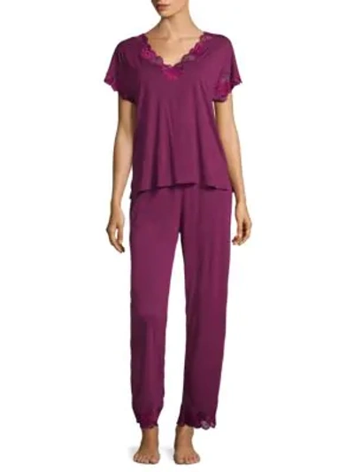 Natori Zen Floral Lace-trim Short Sleeve Pajama Set In Dragonfruit
