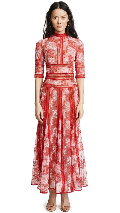 Costarellos Embroidered Tulle Mock Neck Dress In Red/pink