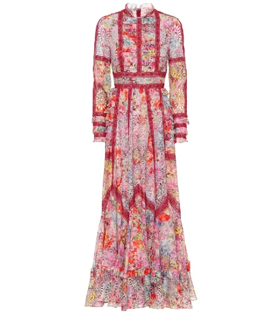 Valentino Long-sleeve Mock-neck Floral Gown W/ Lace In Multicolor