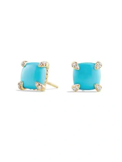 David Yurman 18kt Yellow Gold Chatelaine Turquoise And Diamond Stud Earrings (8mm) In Turquoise Cabochon