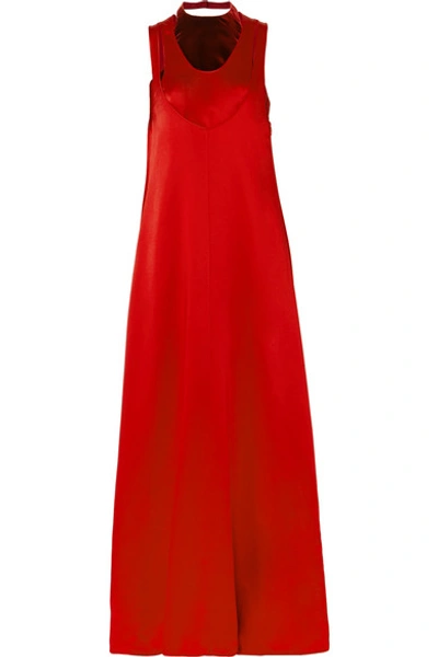 Valentino Velvet-trimmed Hammered-satin Maxi Dress In Red