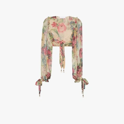 Zimmermann Melody Cropped Tie-front Floral-print Silk-crepon Top In Multicolour