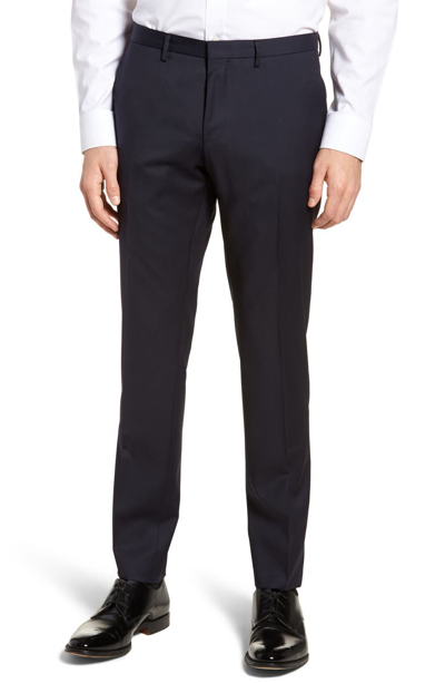 Hugo Boss Lenon Cyl Flat Front Straight Leg Solid Wool Dress Pants In Navy