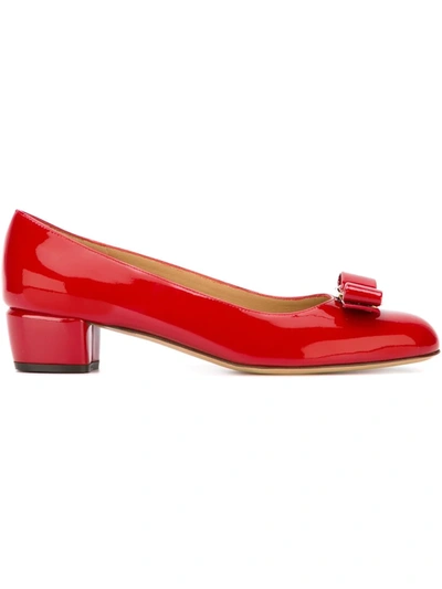 Ferragamo Leather Vara Pumps Block Heel In Red