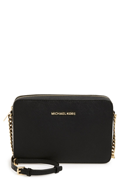 Michael Michael Kors 'large Jet Set' East/west Saffiano Crossbody Bag - Black In Black/ Gold