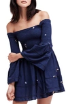 Free People Counting Daisies Embroidered Off The Shoulder Dress In Blue Combo