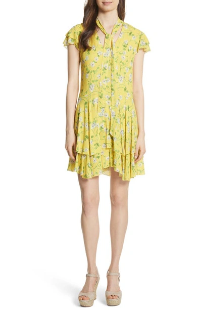Alice And Olivia Alice + Olivia Moore Floral Tie-neck Tunic Dress In Spring Primrose/lemon