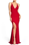Dress The Population Iris Sleeveless Crepe Slit Gown In Garnet