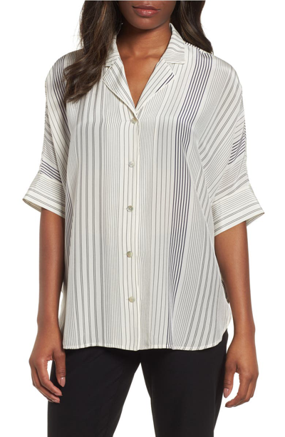Eileen Fisher Striped Silk Half-sleeve Shirt, Plus Size In Bone