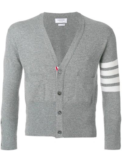 Thom Browne Short V-neck Cardigan With 4-bar Stripe In Light Grey Cashmere In 055 Light Grey