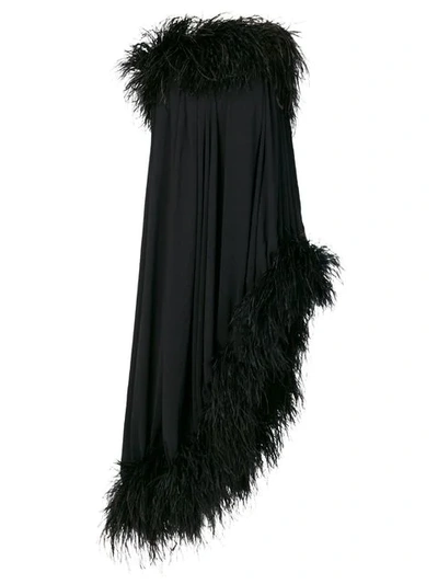 Saint Laurent Asymmetric Dress With Ostrich Feathers In Black