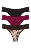 Natori Bliss Perfection Thongs, Set Of 3 In Zebra Print/ Warm White/ Wine