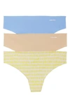 Calvin Klein Invisibles Thong 3-pack Qd3558 In Geo/bare/carolina Blue