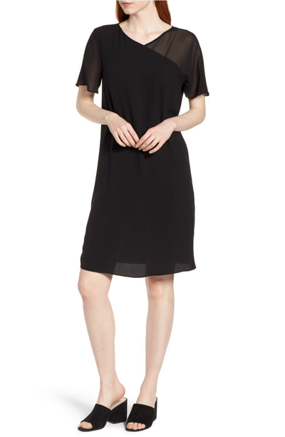 Eileen Fisher Silk Georgette Crepe V-neck Dress In Black