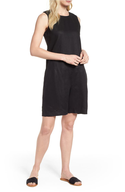 Eileen Fisher Sleeveless Organic Linen Short Jumpsuit In Black