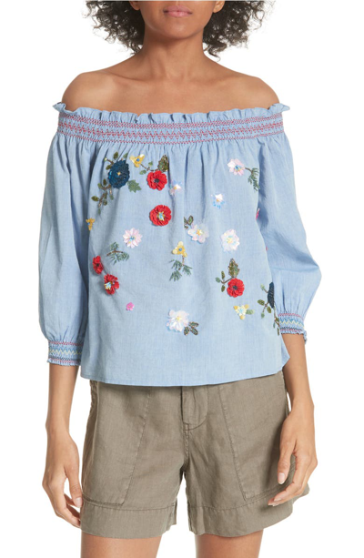 Joie Off-the-shoulder Embroidered Cotton-chambray Top In Surf Break
