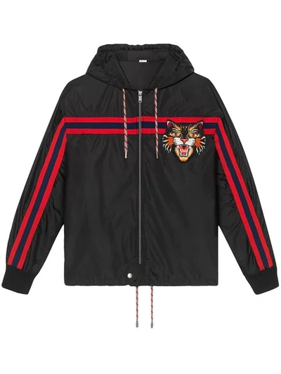 Gucci Nylon Windbreaker With Angry Cat Appliqué In Black