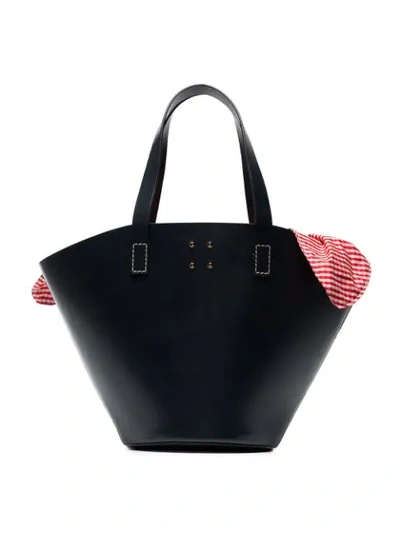 Trademark Large Leather Basket Bag W/gingham Insert In Dark Navy