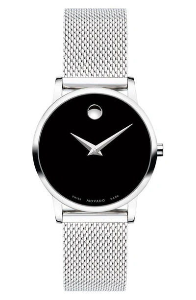 Movado Women's Museum Classic Black Dial, Stainless Steel Mesh Bracelet Watch In Black/steel