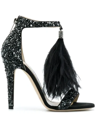 Jimmy Choo Viola 110 Black Suede And Jet Mix Hotfix Sandals With Ostrich Feather Tassel