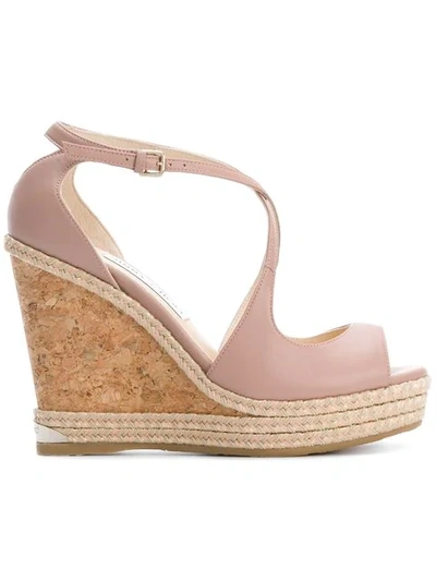 Jimmy Choo Dakota 120 Ballet Pink Nappa Leather Wedge With Tonal Metallic Raffia