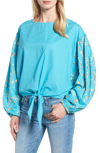 KAS NEW YORK COLINE FRONT TIE EMBROIDERED SLEEVE BLOUSE,13836TG