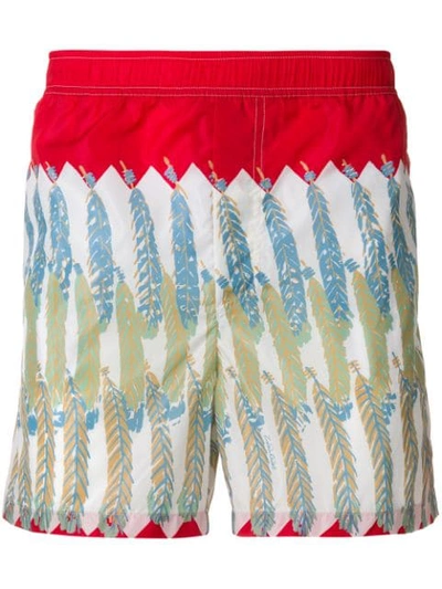 Valentino Feather Print Swim Shorts In Red