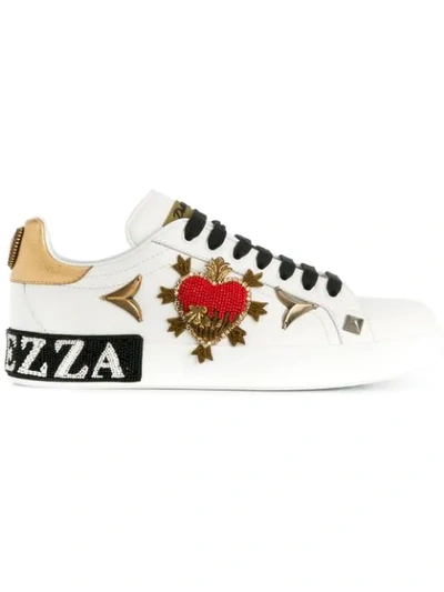 Dolce & Gabbana Embellished Portofino White Leather Sneakers