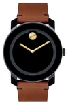 MOVADO 'BOLD' LEATHER STRAP WATCH, 42MM,3600304