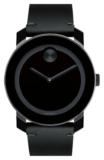 Movado Bold Black Museum Dial Black Leather Unisex Watch 3600306 In Grey/ Black