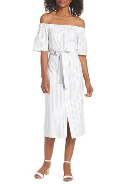 Charles Henry Off The Shoulder Cotton Midi Dress In Ivory/ Blue Stripe