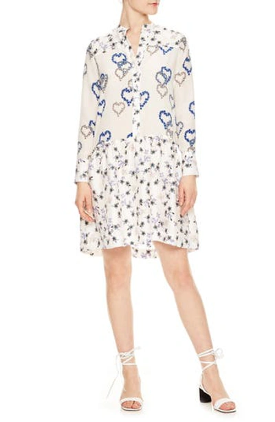 Sandro Lemon Floral Print Silk Shift Dress In Ecru