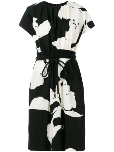 Marc Jacobs Flower Print Belted Dress In Black-white